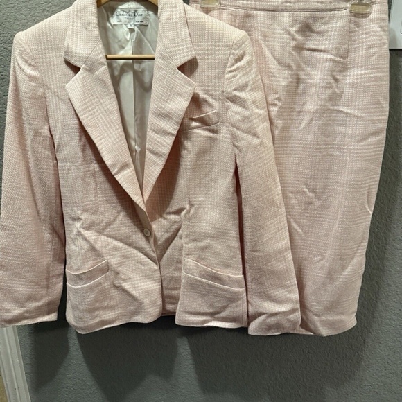 Vintage 90s Christian Dior Single Blazer Skirt Suit Pink Houndstooth Set Size 8 - Picture 6 of 6